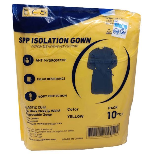 Picture of Isolation Gown NW SPP 20gsm 130X150cm Elstic Cuff Tie Back/Waist Yellow XLarge ECS 10Pc/Bg 5Bg/Cs